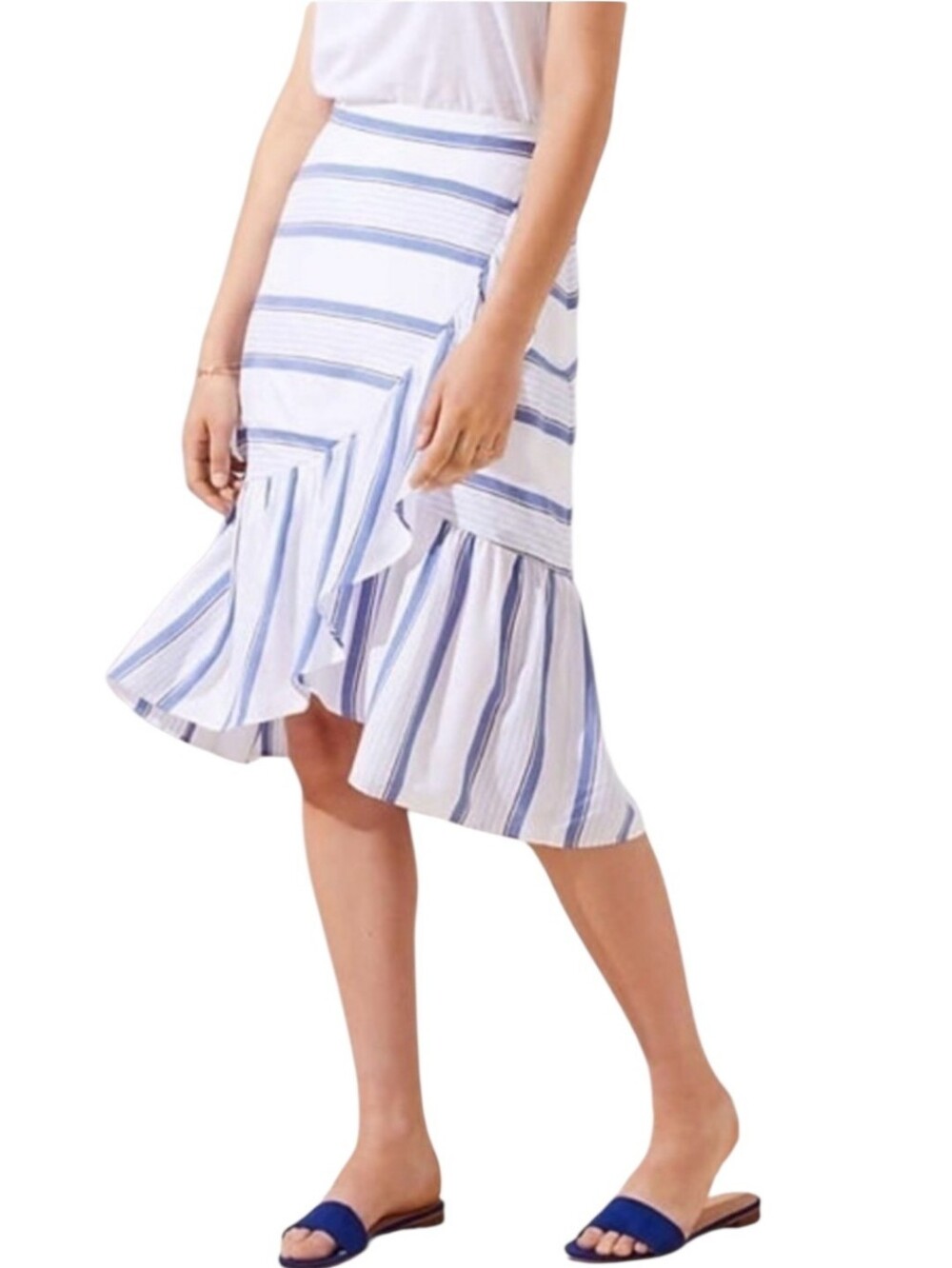 Women's Loft Blue Striped Ruffle Faux Wrap Skirt Sz 6